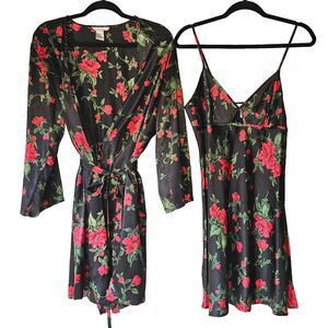 Morgan Taylor Intimates Women's M Peignor Set Black With Roses Robe & Nightie